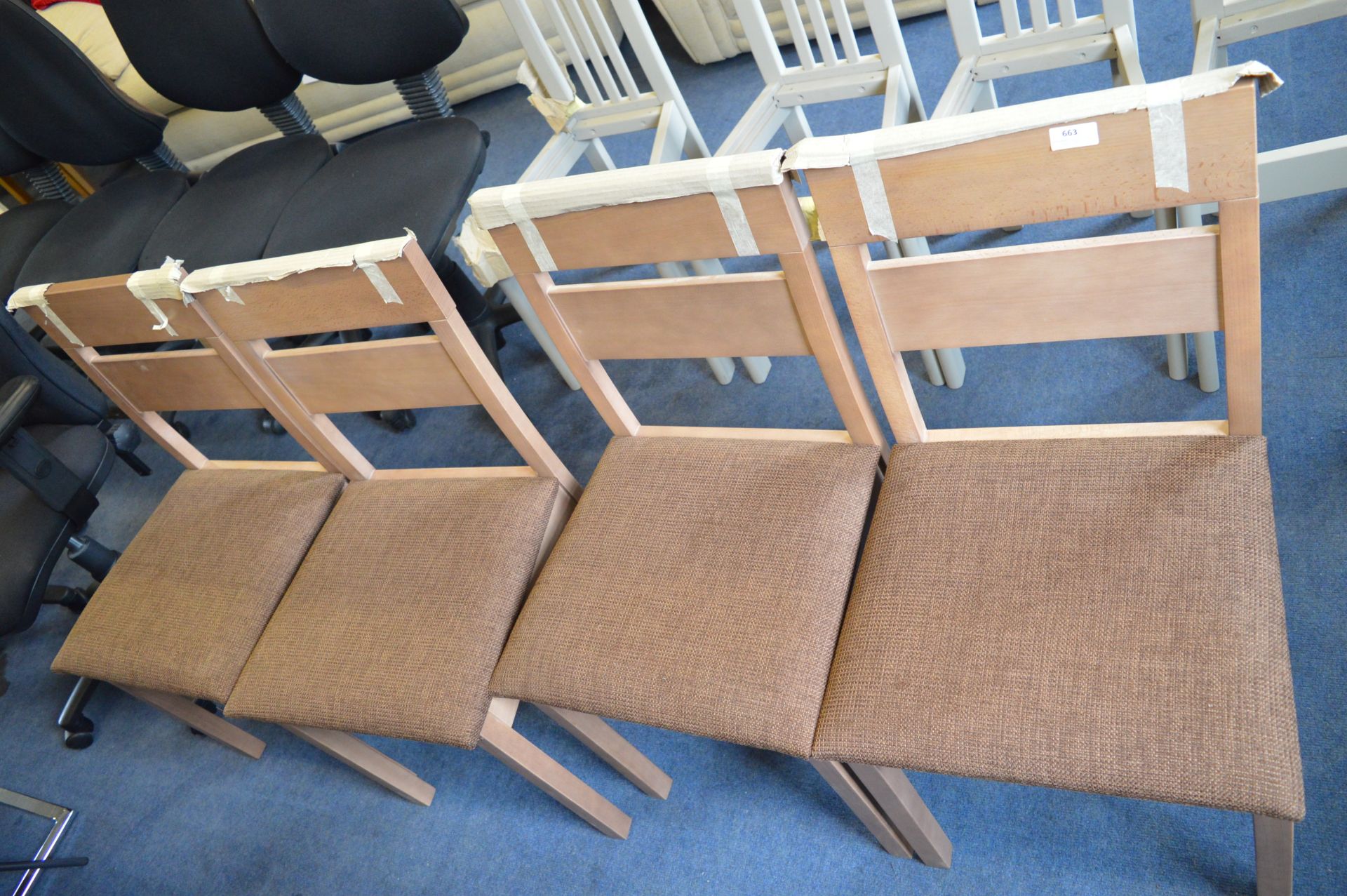 *Set of Four Beech Effect Dining Chairs with Brown Upholstered Seats