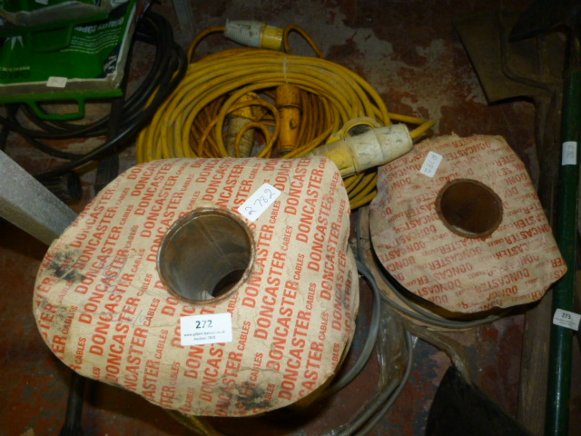 Three Rolls of Electric Cable and Two 240V Yellow Cable Leads