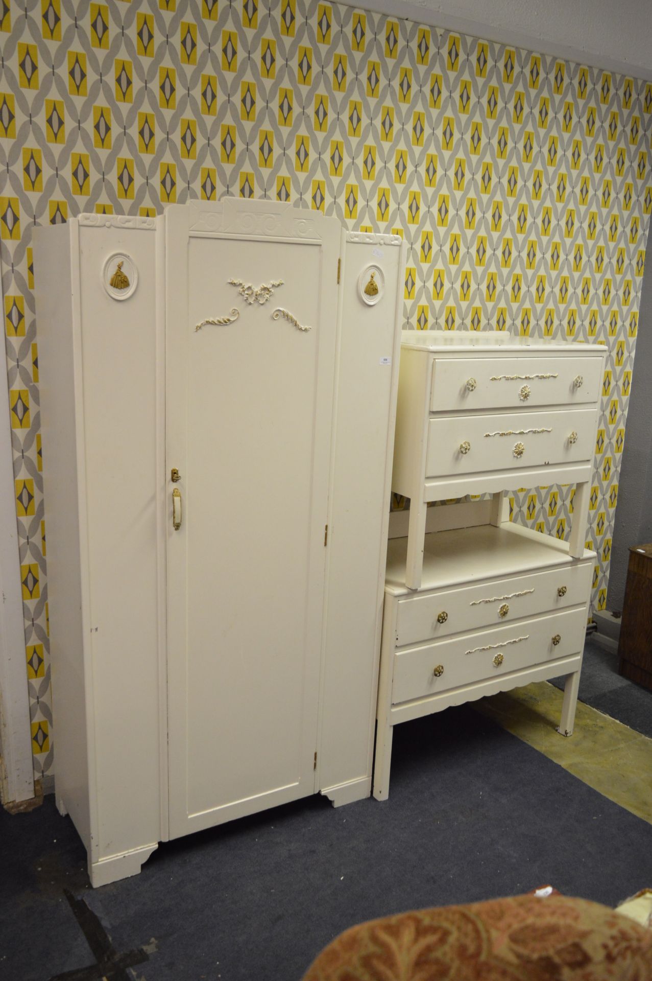 White Painted Bedroom Suite, Wardrobe and Two, Two Drawer Chests