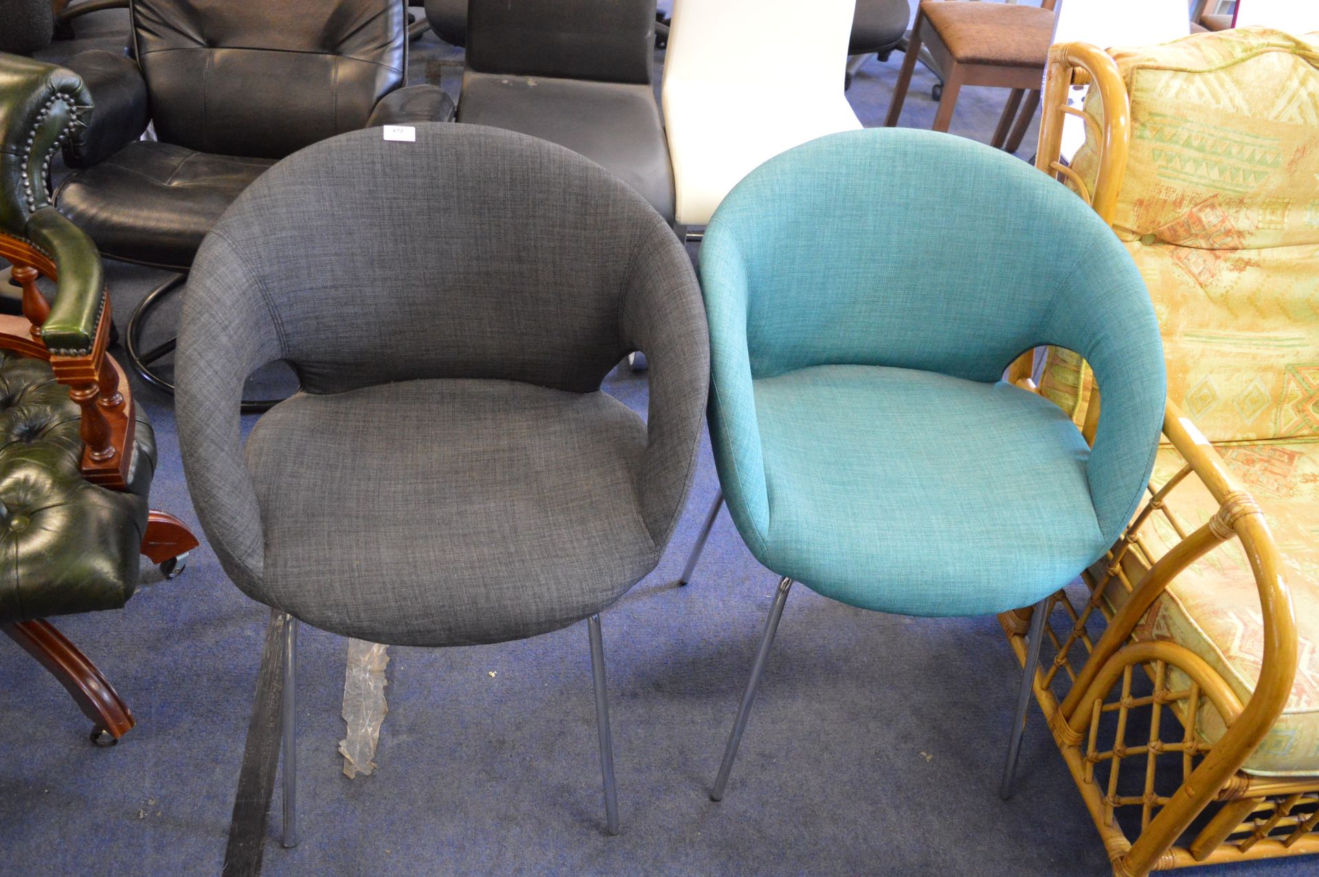 *Two Upholstered Round Back Armchairs (Grey and Green)