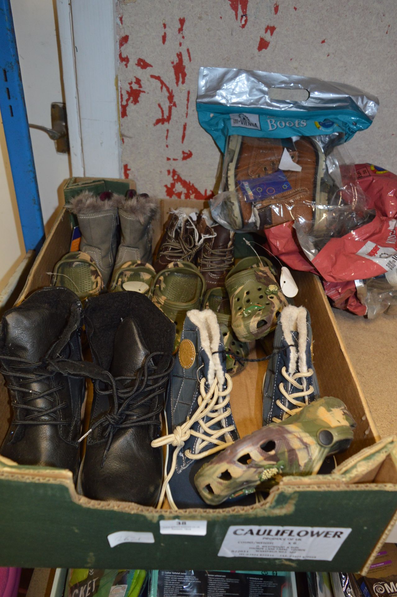 Box Containing Assorted New Shoes Including Snow Boot, Crocs, etc.