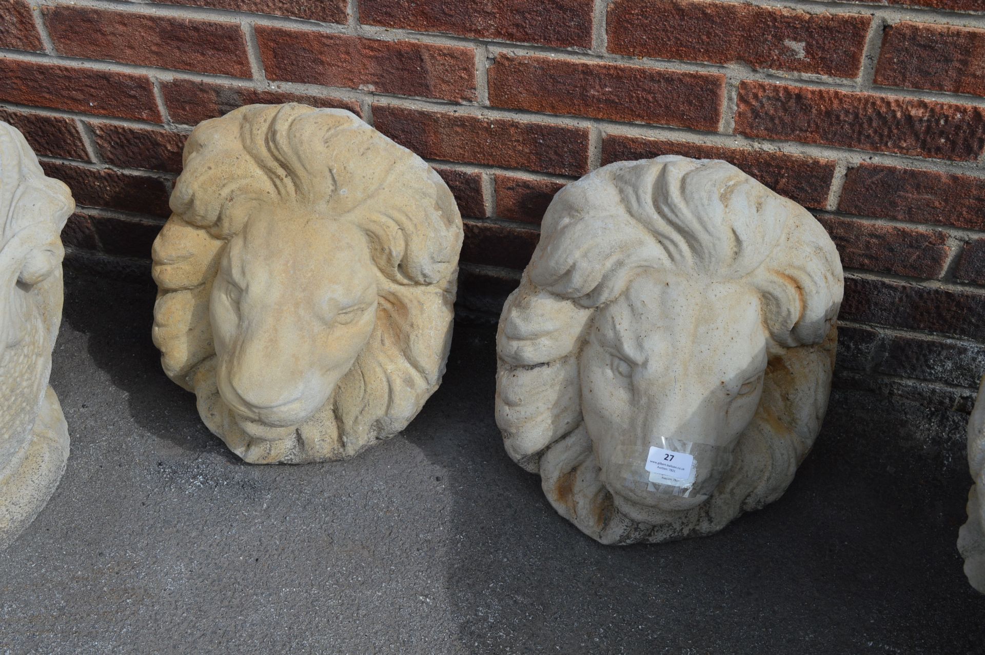 Pair of Reconstituted Limestone Wall Hanging Lion Heads