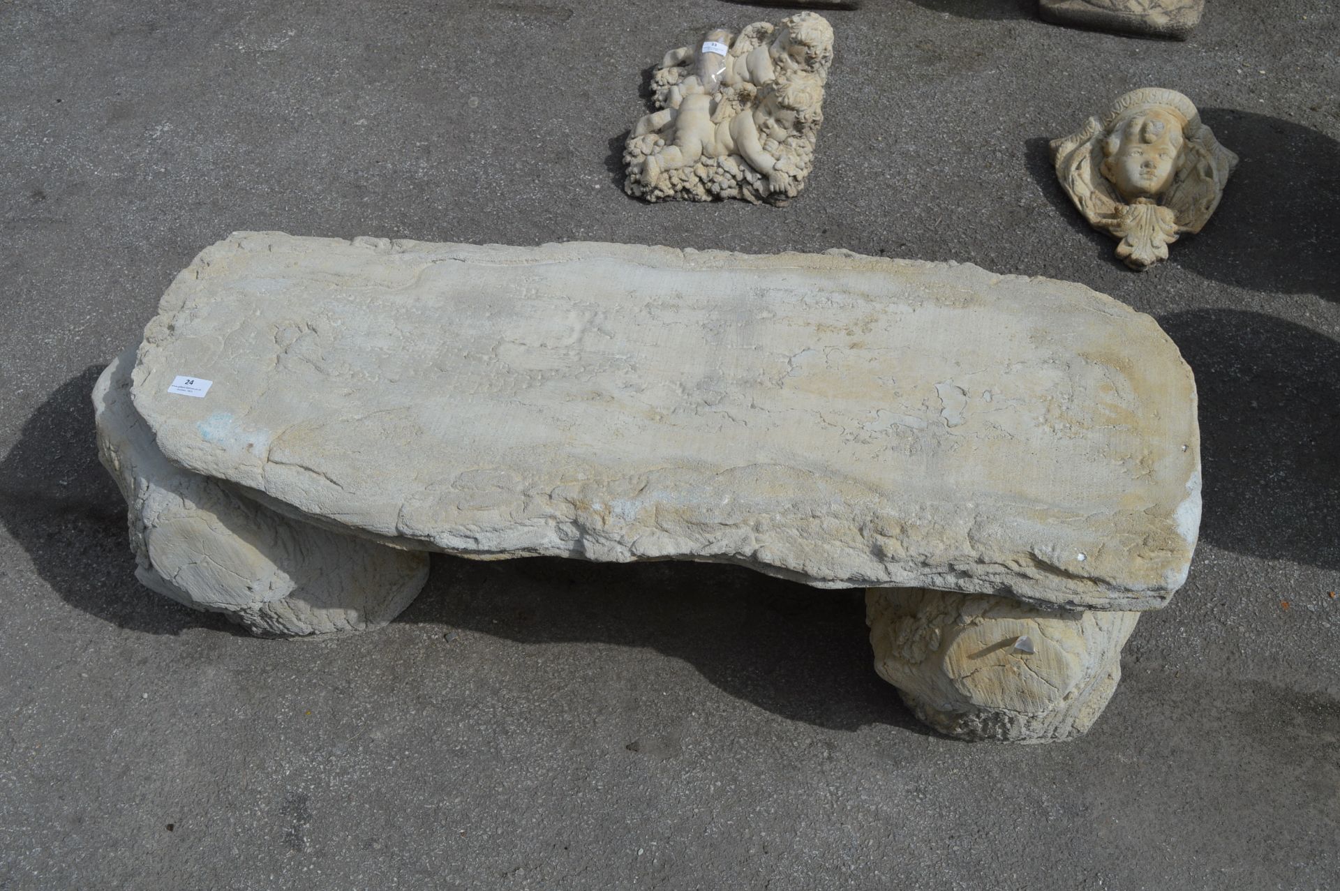 Reconstituted Limestone Garden Bench on Tree Stump Supports