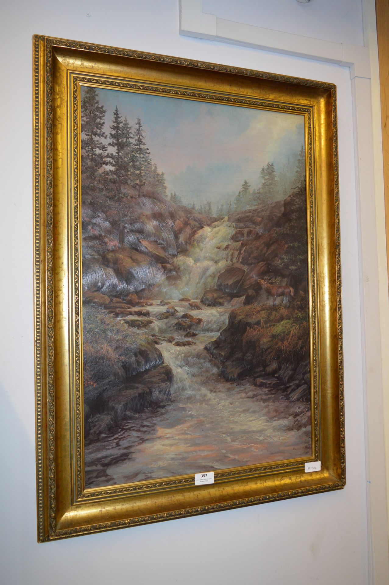 Gilt Framed Oil Painting on Board "Highland Waterfall"