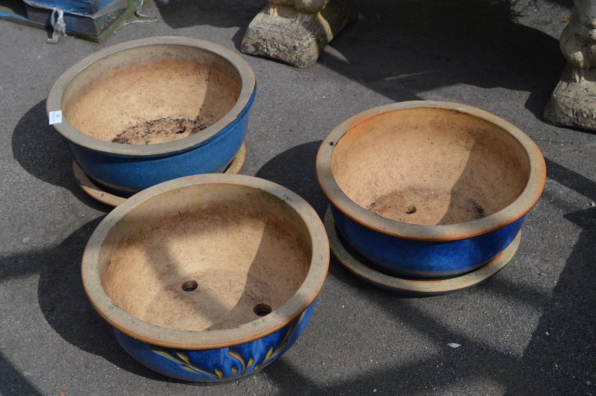 Set of Three Blue Glazed Planters