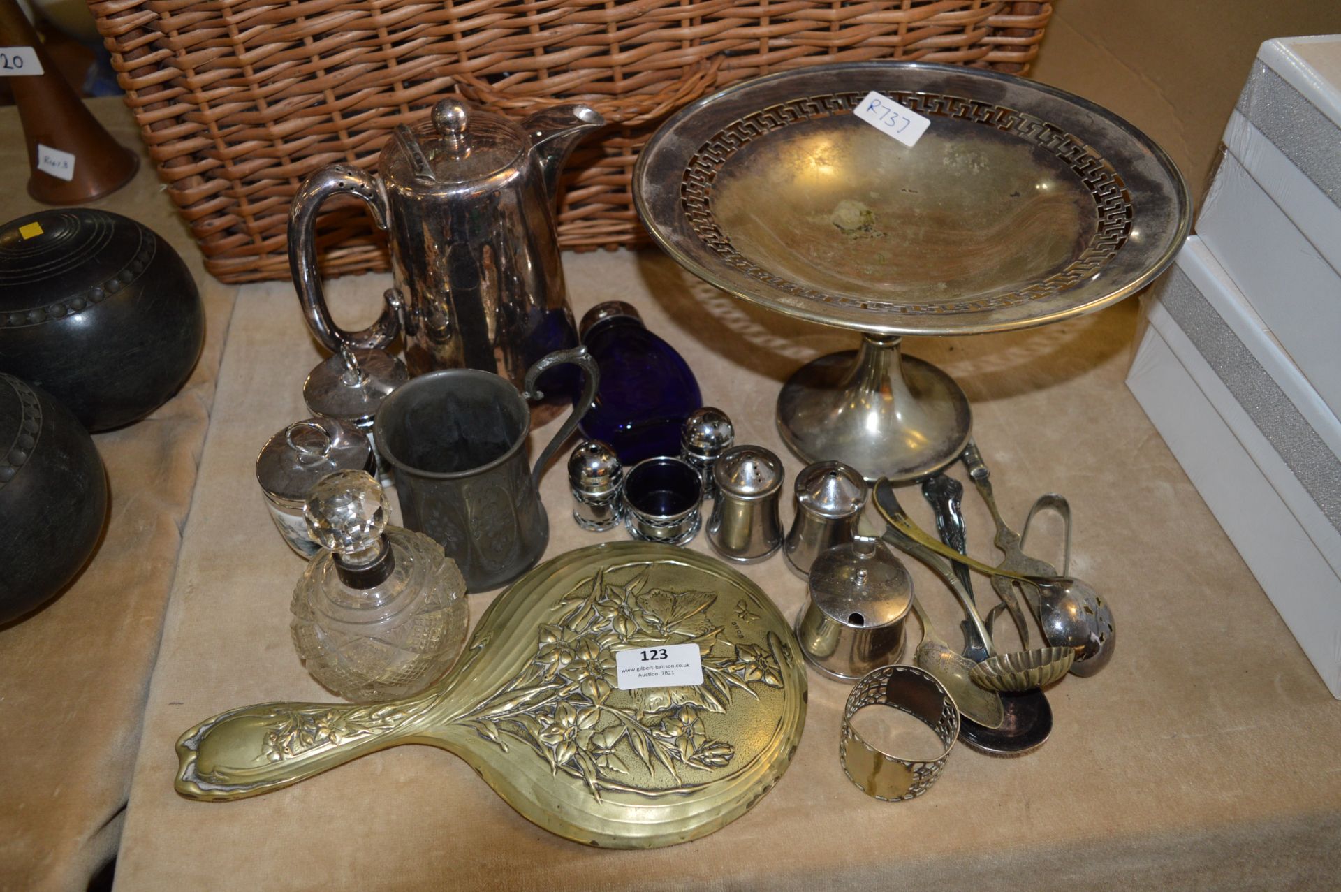 Silver Plated Ware Including Condiments, Mirror, Scent Bottle, etc.