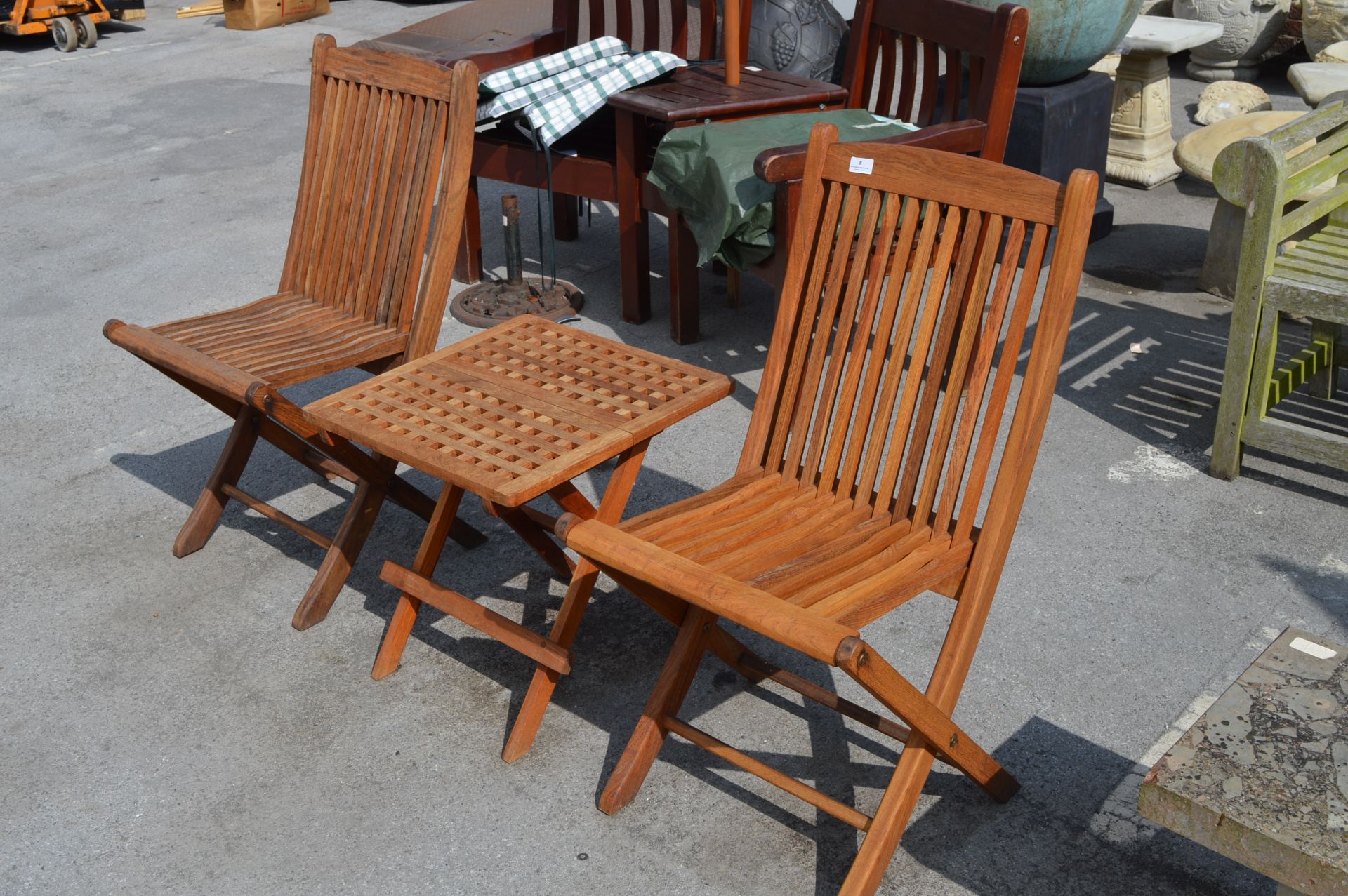 Pair Teak Folding Garden Chairs and a Folding Side Table