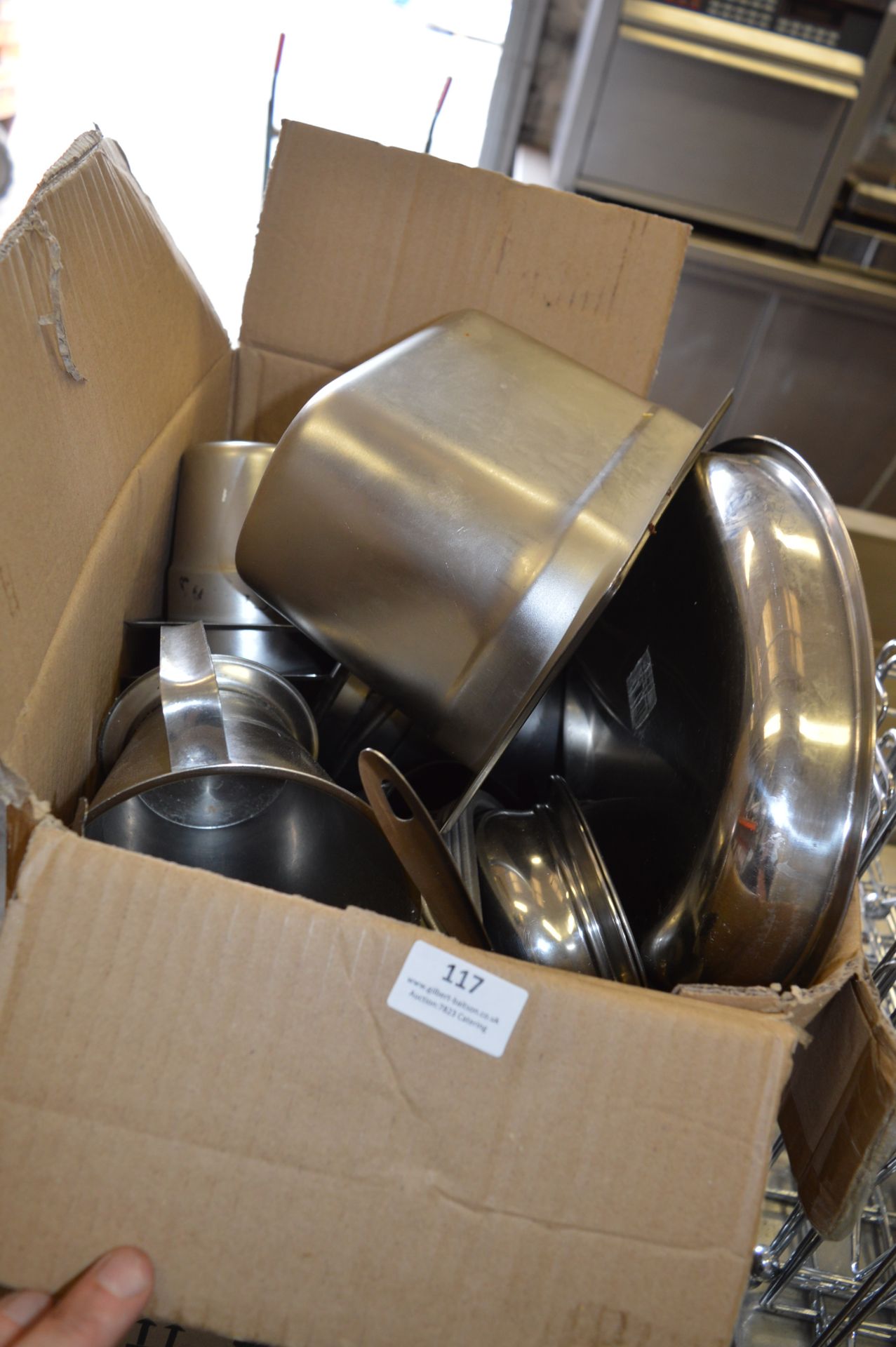 Box Containing Assorted Stainless Steel Dishes, Bain Marie Inserts, Jugs, etc.