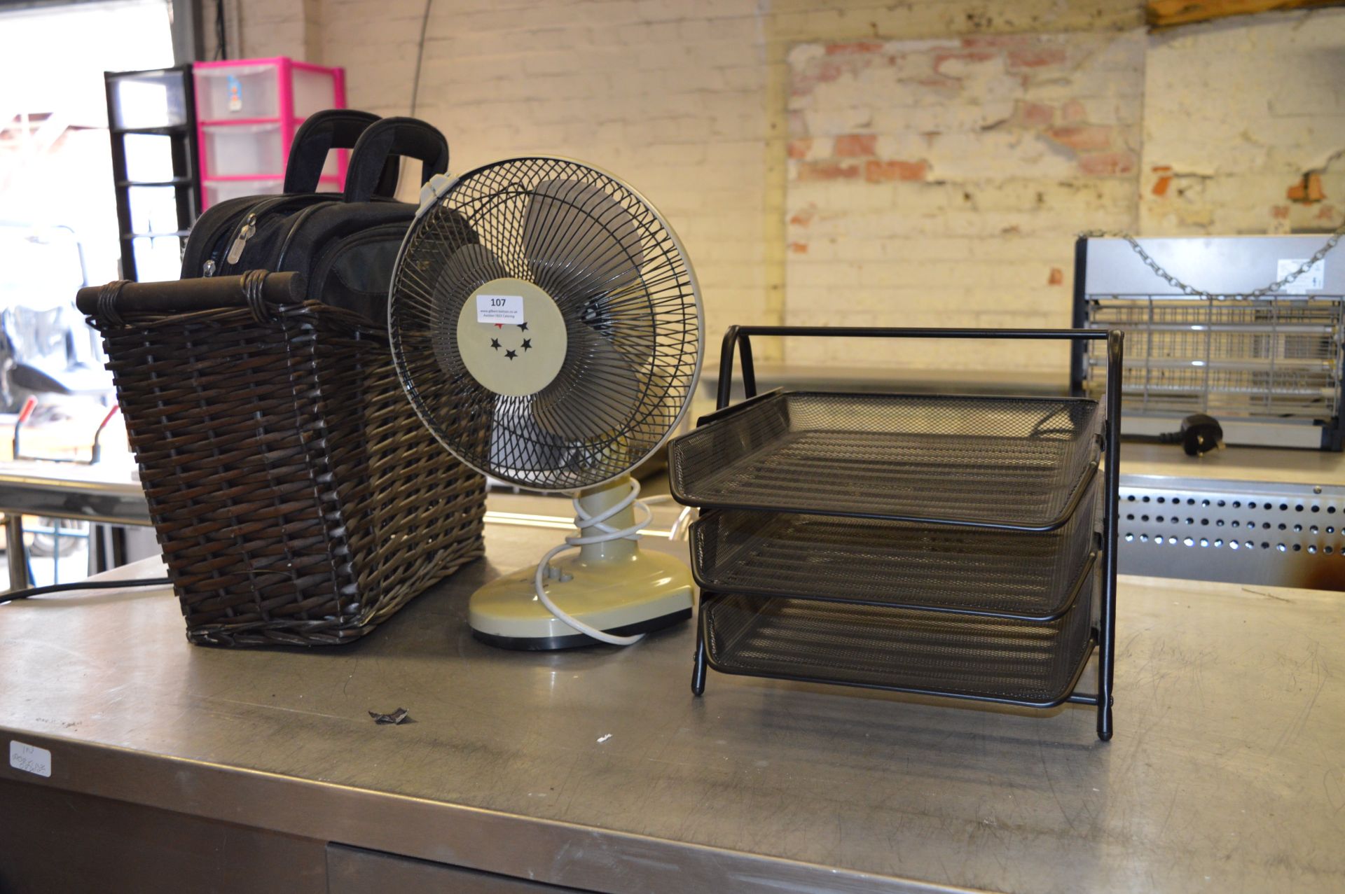 Desk Fan, Filing Trays, Wicker Basket and a Laptop Case