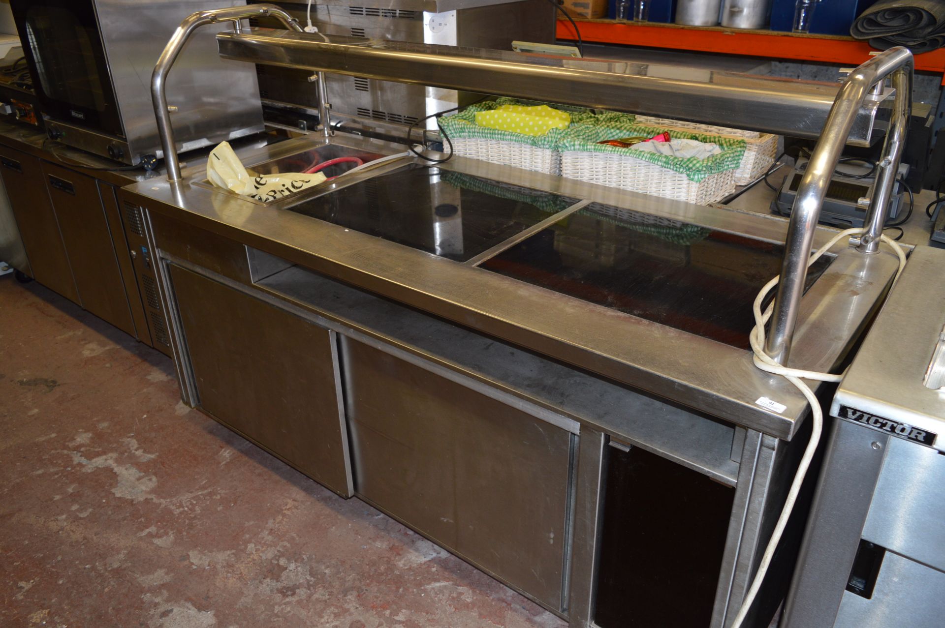 Stainless Steel Mobile Servery Unit with Heated Light Gantry and Double Ceramic Hobs