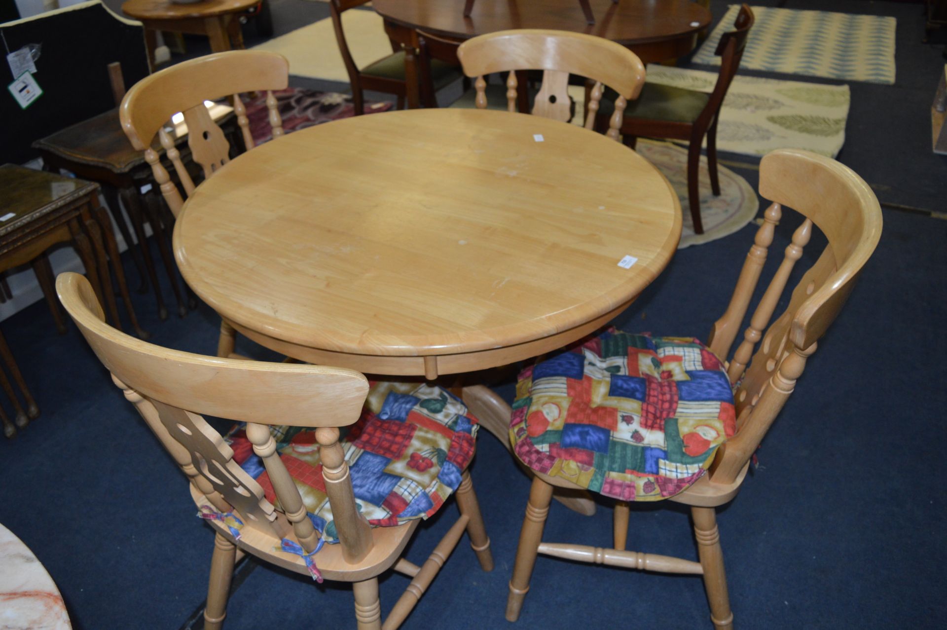 Pine Effect Circular Dining Table and Stickback Four Chairs