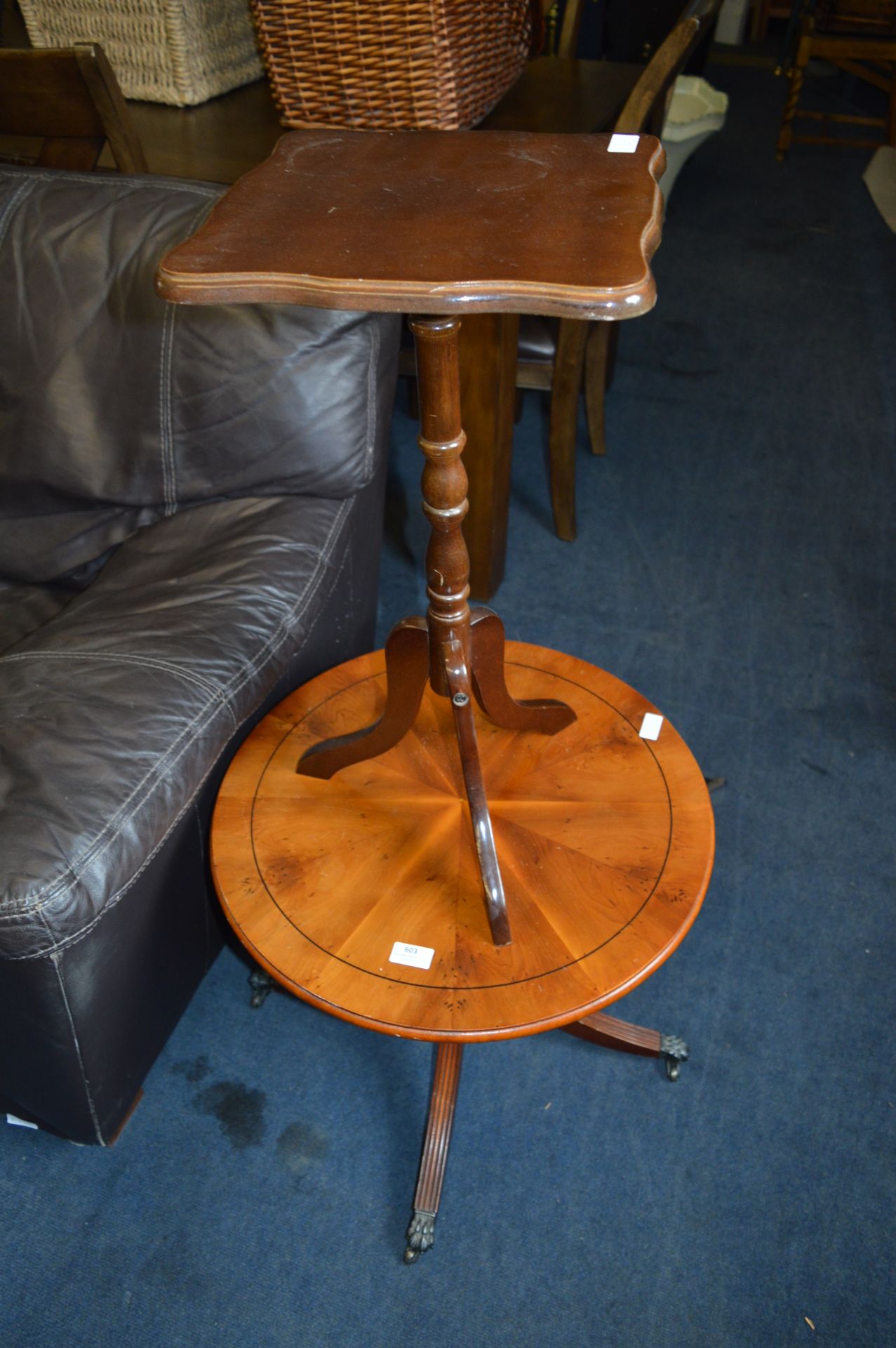 Circular Walnut Side Table and Another