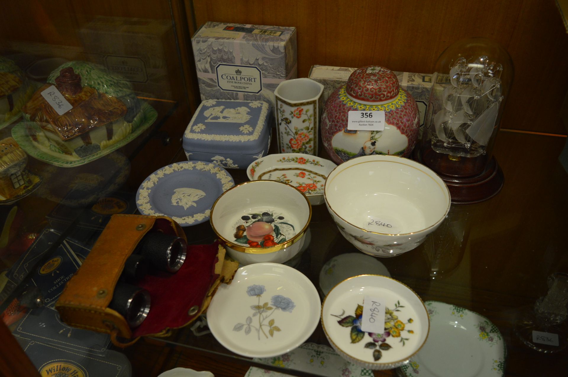 Pottery Collection; Trinket Trays, Ginger Jar, Shipping Glass, Wedgwood and Binoculars