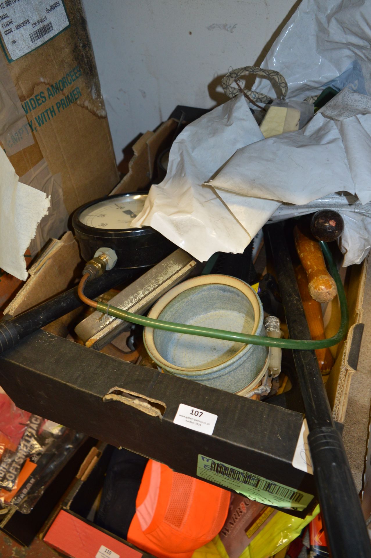 Box Containing Handtools; Saws, Shears and Pressure Gauges