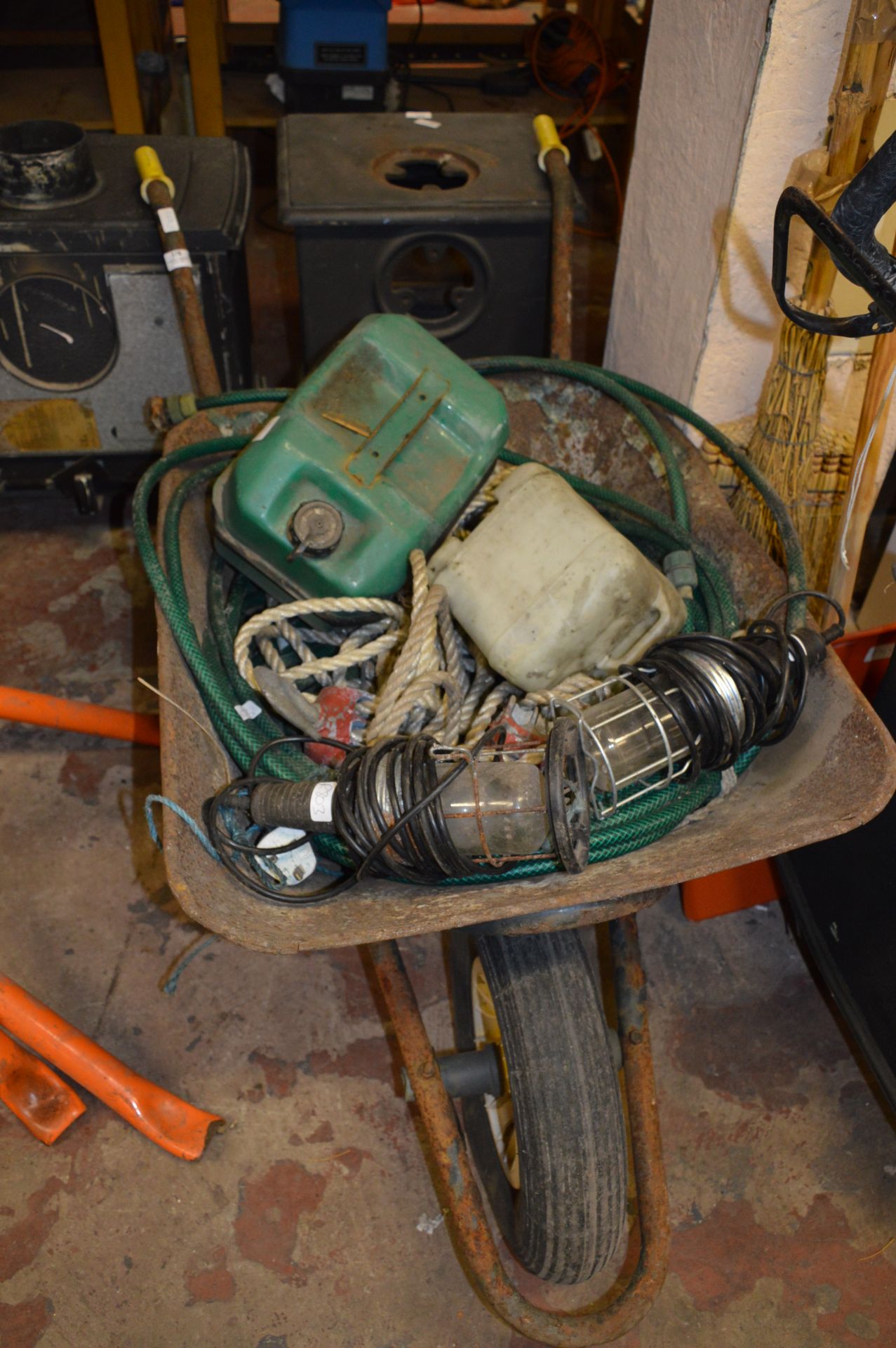 Wheelbarrow and Contents; Inspection Lamps, Petrol Can, Ropes and Pulley, etc.
