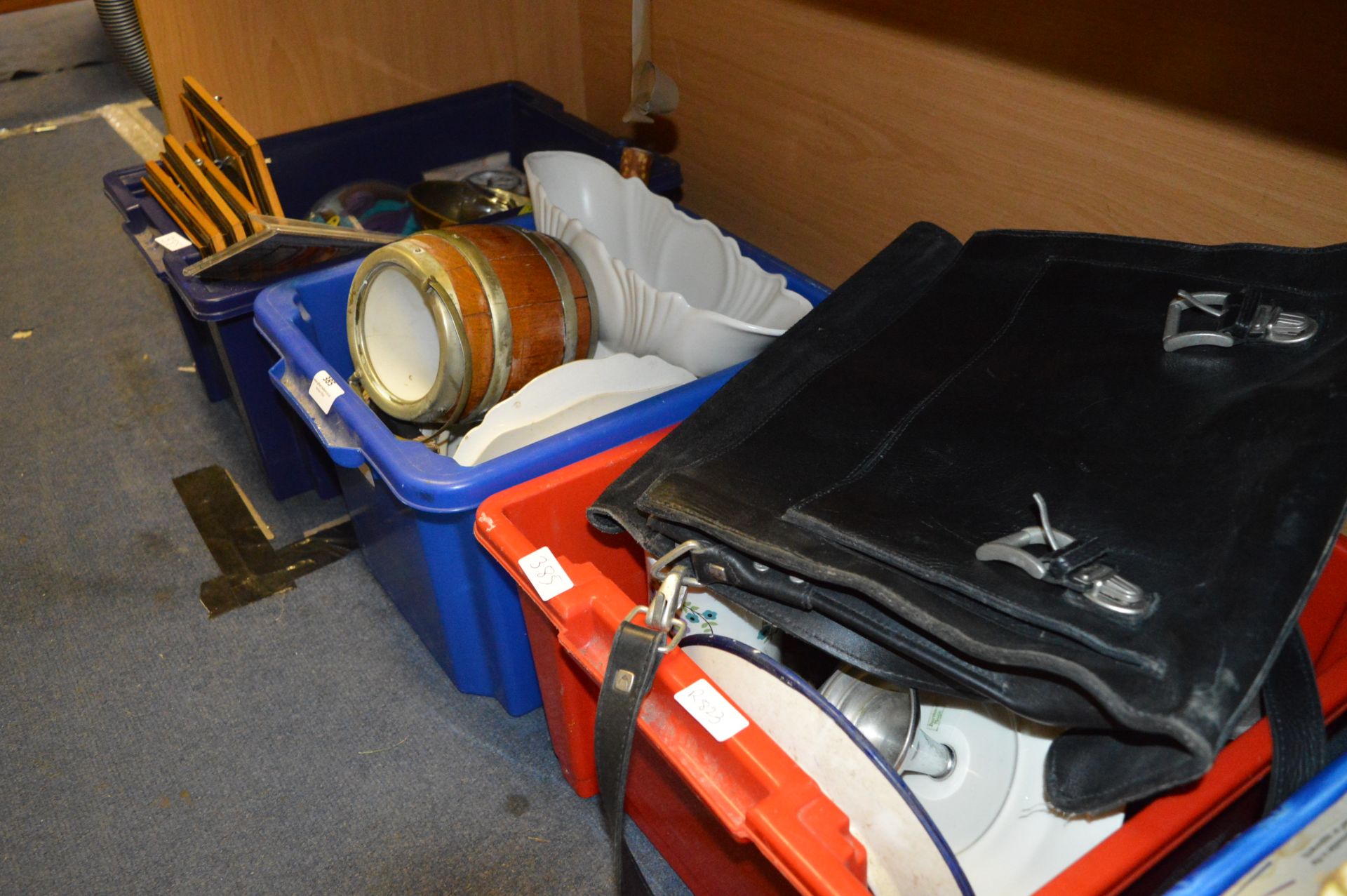 Three Plastic Tubs of Pottery, Glassware; Biscuit Barrell, Teapots, Prints, Clock, Dinnerware, etc.