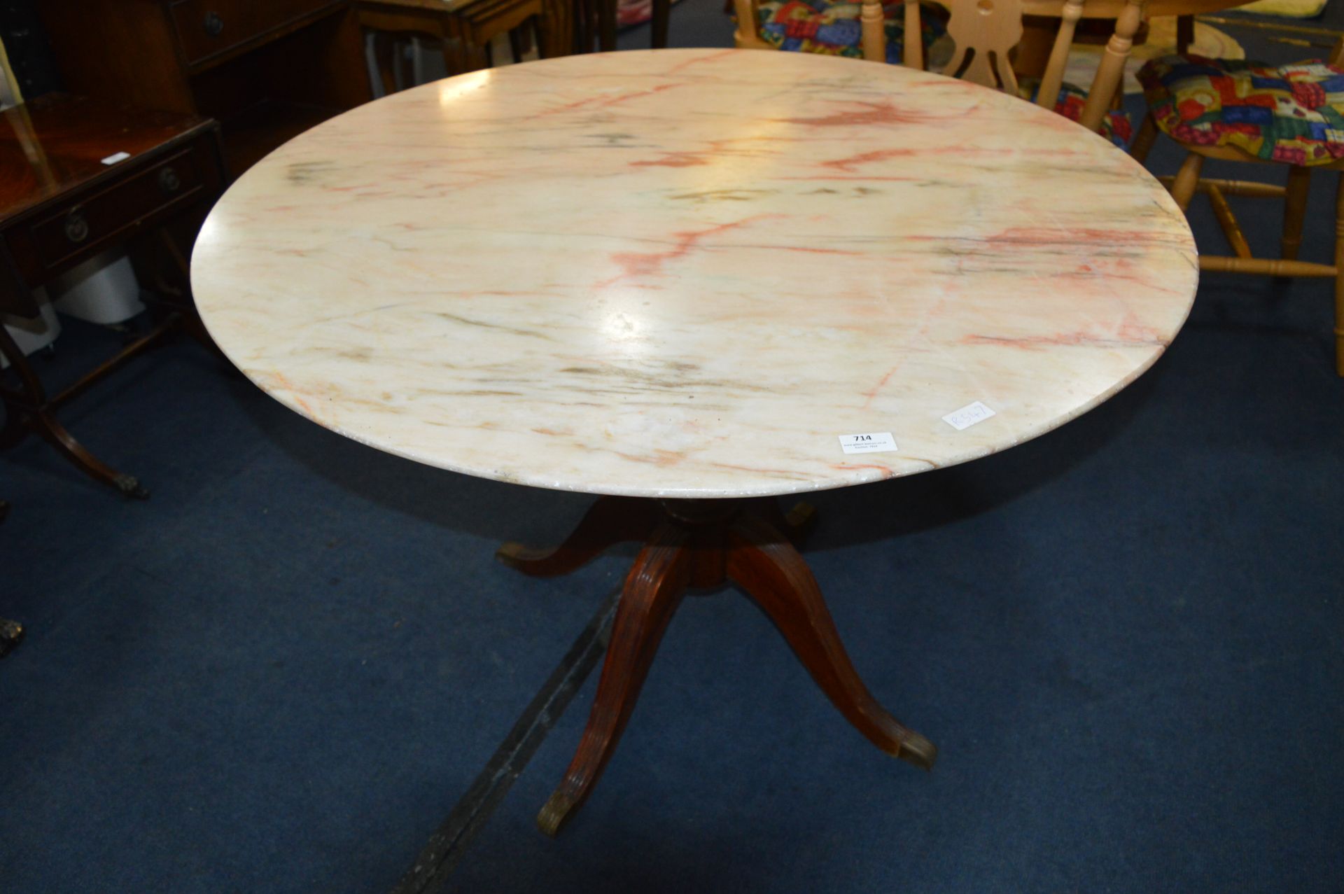 Pink Marble Topped Circular Dining Table on Pedestal Base