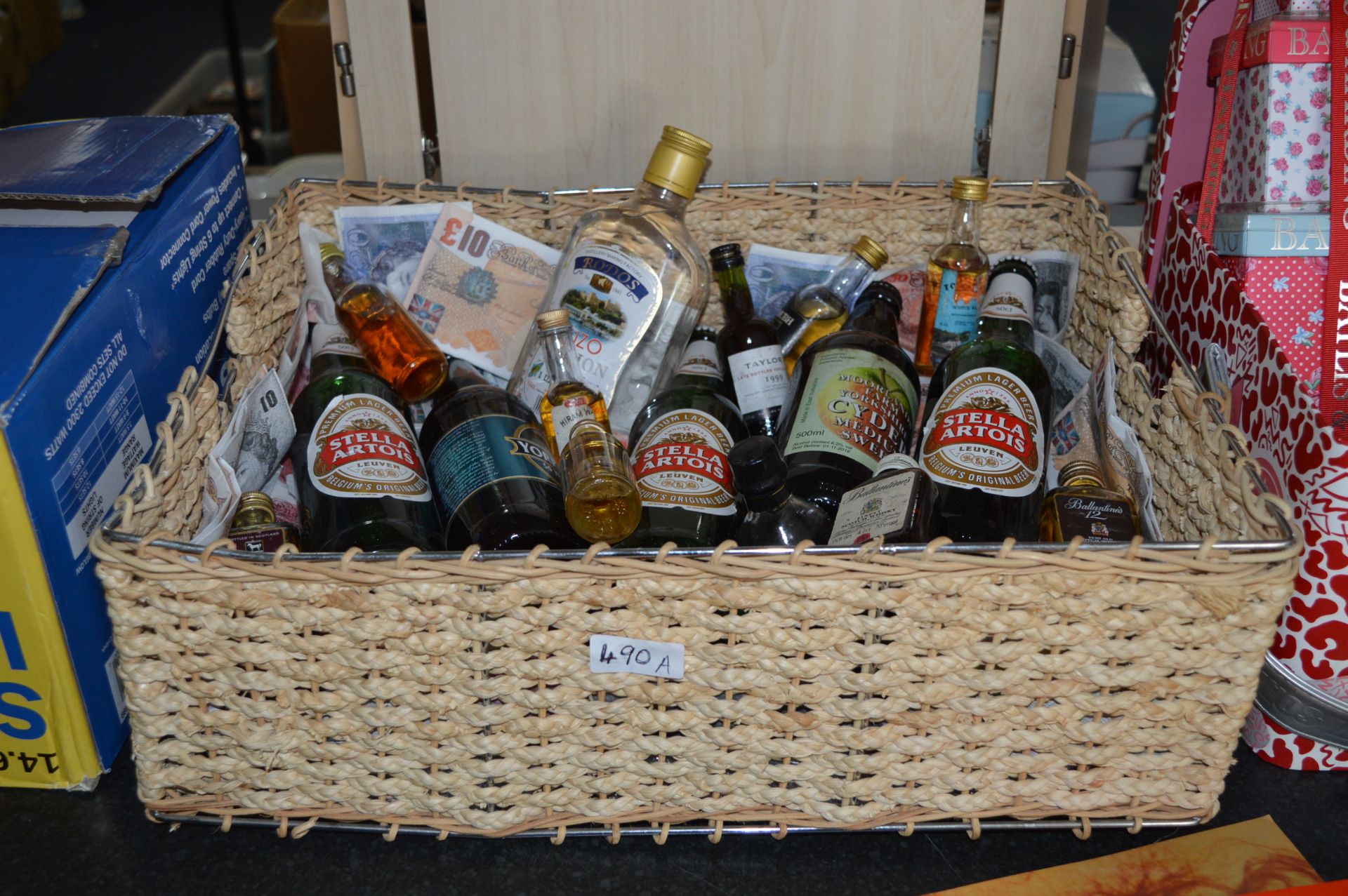 Basket Containing Beers and Miniature Whiskey Bottles