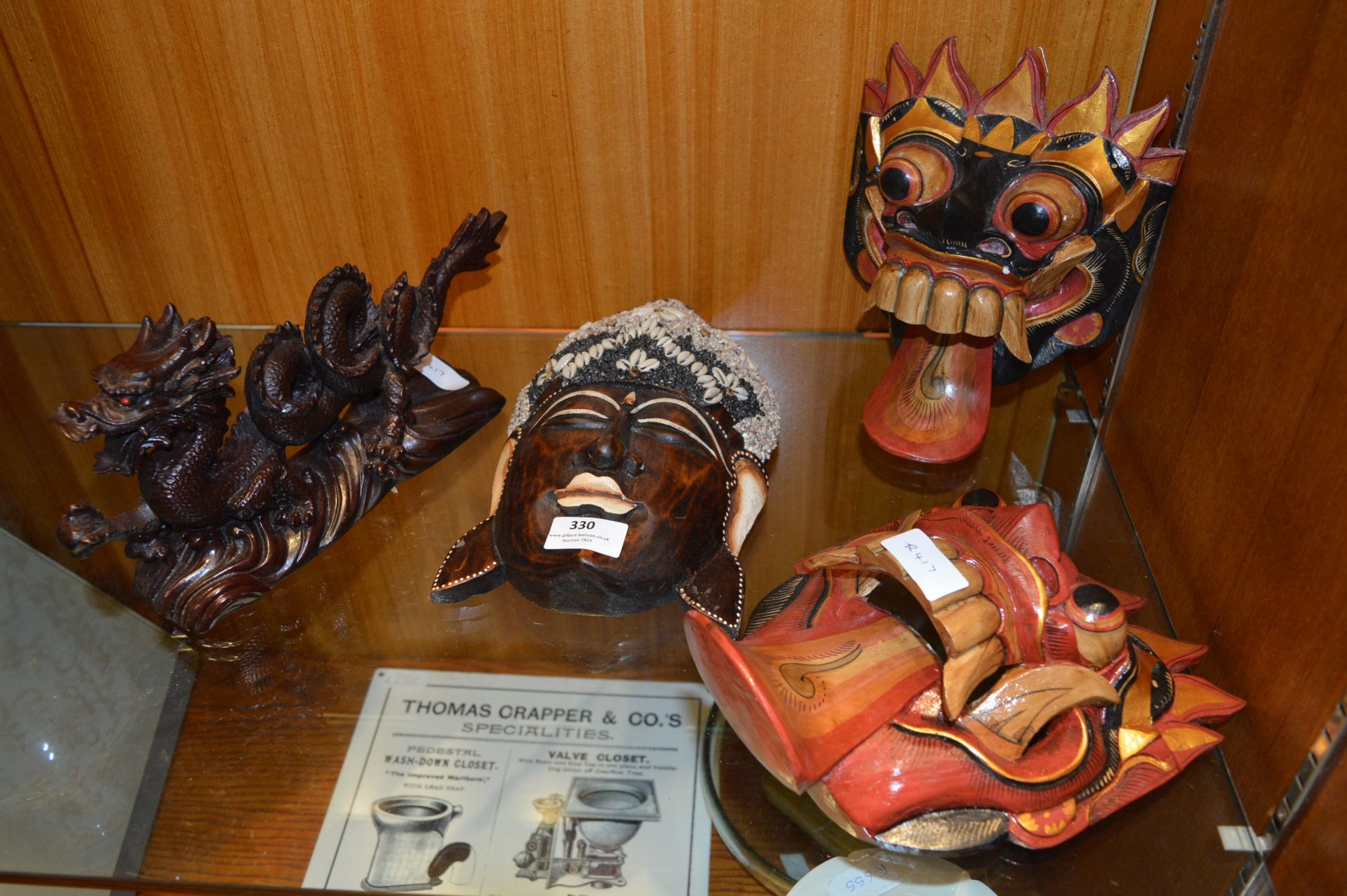 Carved Wood Wall Masks and Dragon Figure