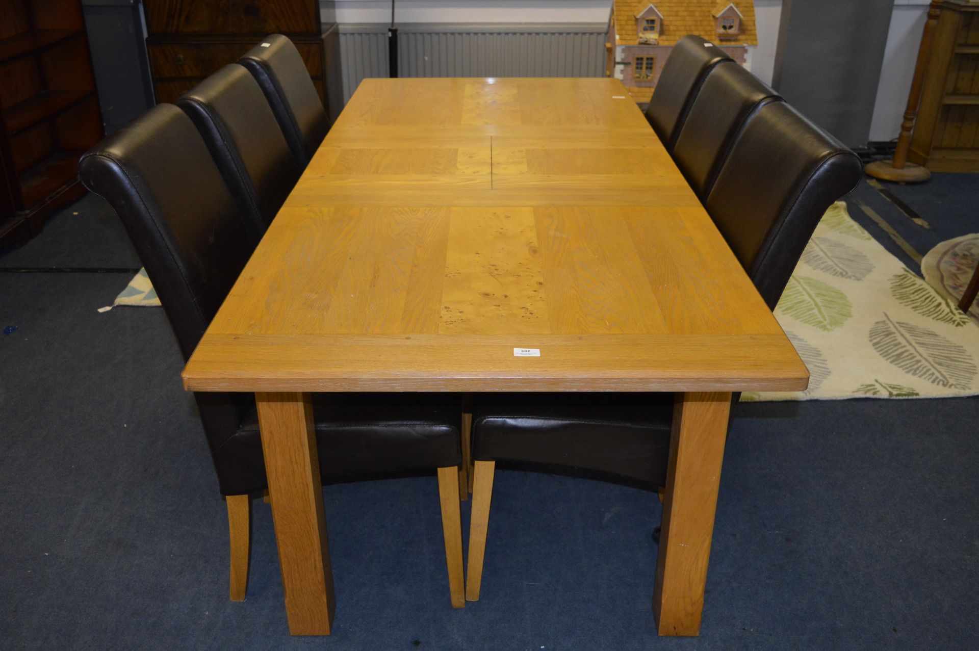 Oak and Walnut Inlaid Extending Dining Table with Six Brown Leatherette Dining Chairs