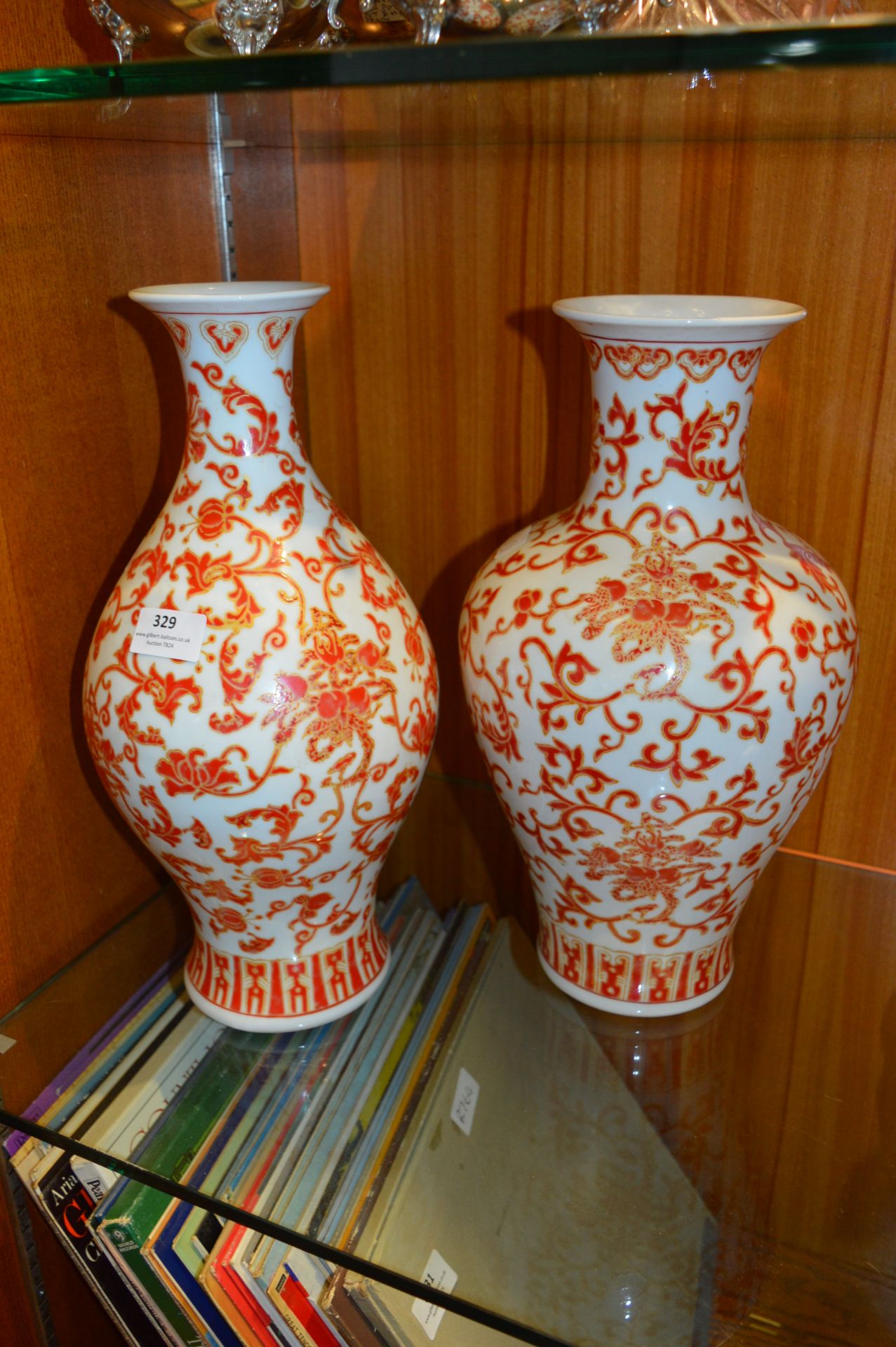 Pair of Red Floral Patterned Chinese Vases