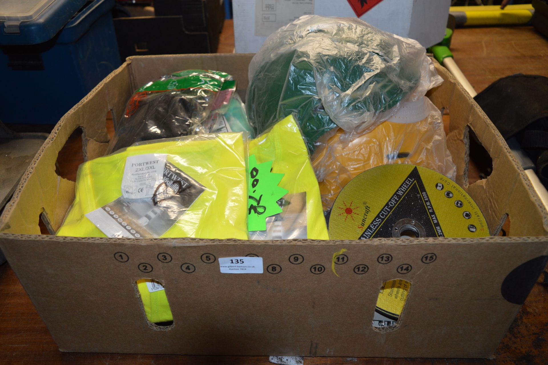 Box Containing Workers Hard Hats, Gloves, High Vis Vests and Cutting Disks