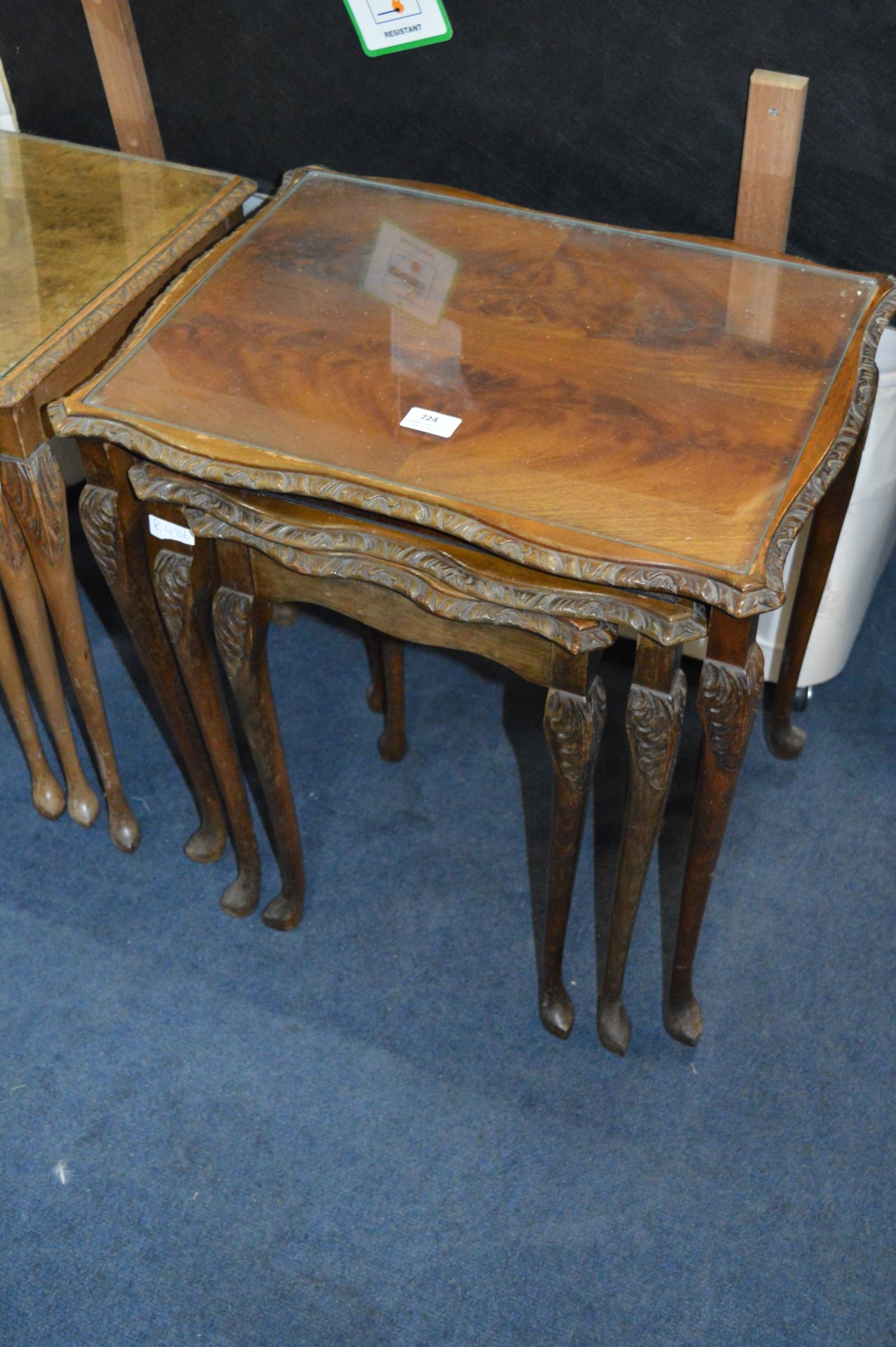 Walnut Nest of Three Tables with Glass Inlet Top and Carved Edges