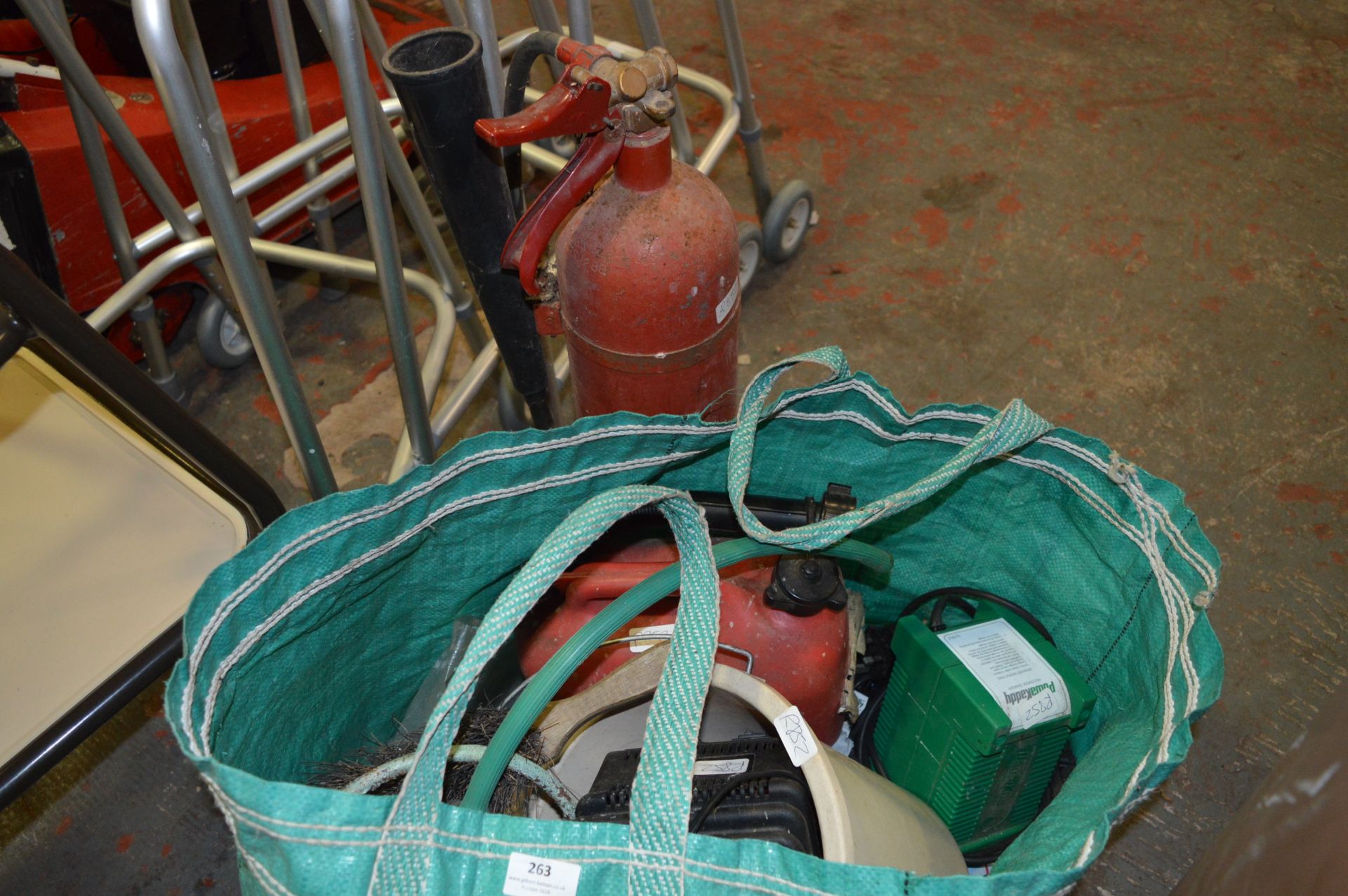 Greenbag and Contents Including Fire Extinguisher, Battery Chargers, Sprinkler, Petrol Can, etc.
