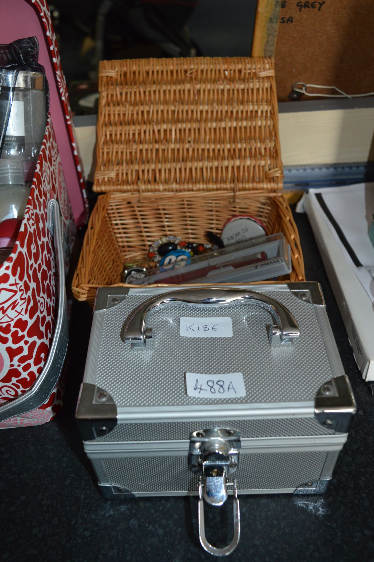 Small Storage Box, Fortune Cards and a Basket Containing Costume Jewellery, Watches, etc.