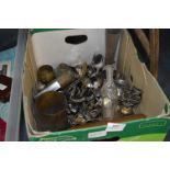 Box Containing Silver Plated Cutlery, Brassware Including WWI Shell and Weights