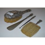 Embossed Silver Backed Clothes Brush with Silver Handle, Shoe Horn and Button Hook