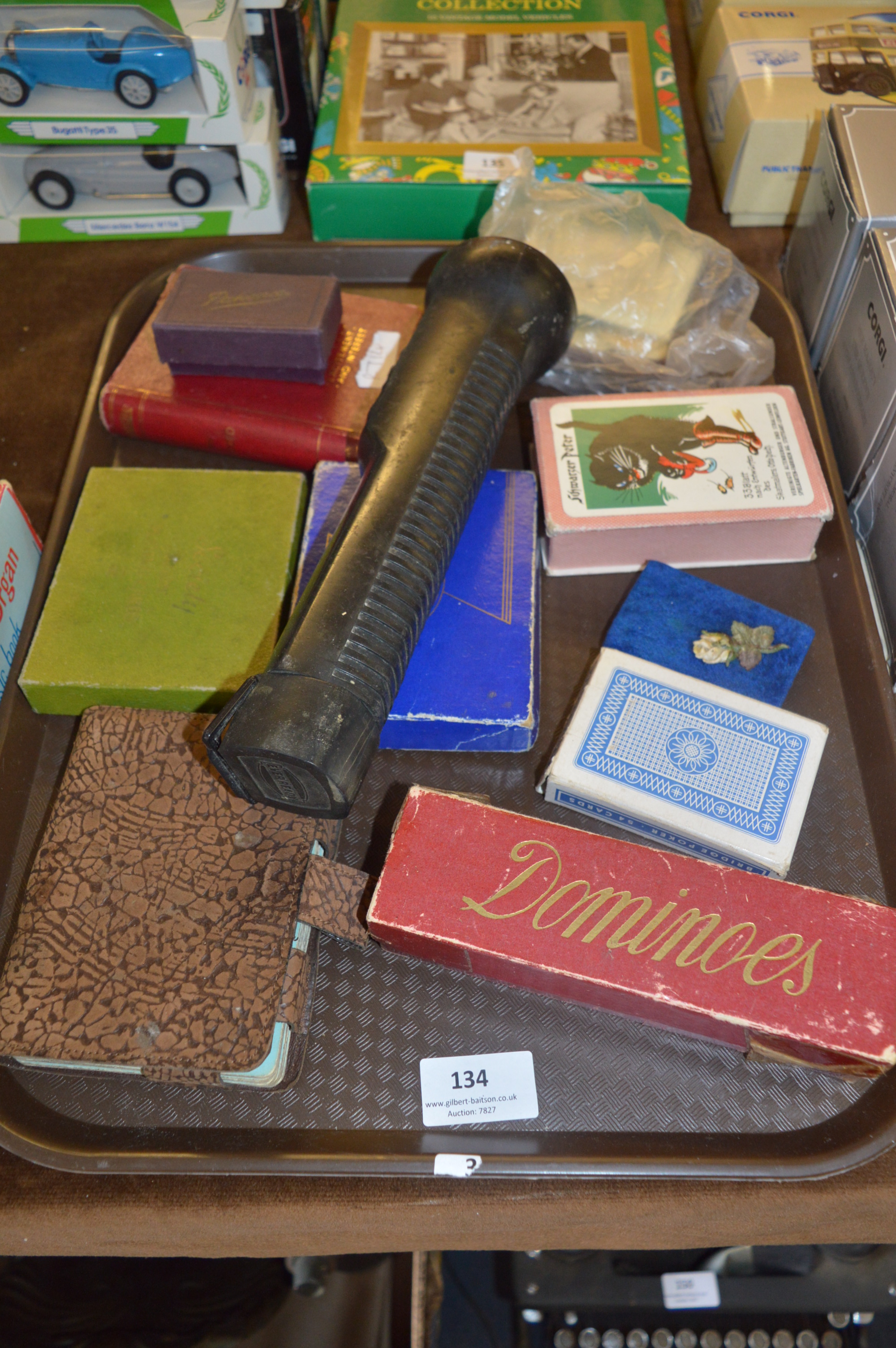 Tray Lot; Playing Cards, Dominoes and a Torch