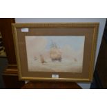Framed Watercolour "Coastal Scene, Frigate and Fishing Boats" William Frederick Settle Circa 1880