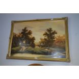 Gilt Framed Oil on Canvas "Country Village Scene" Signed K. Hammond