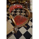 Oak Stickback Swivel Office Armchair with Red Leather Seat