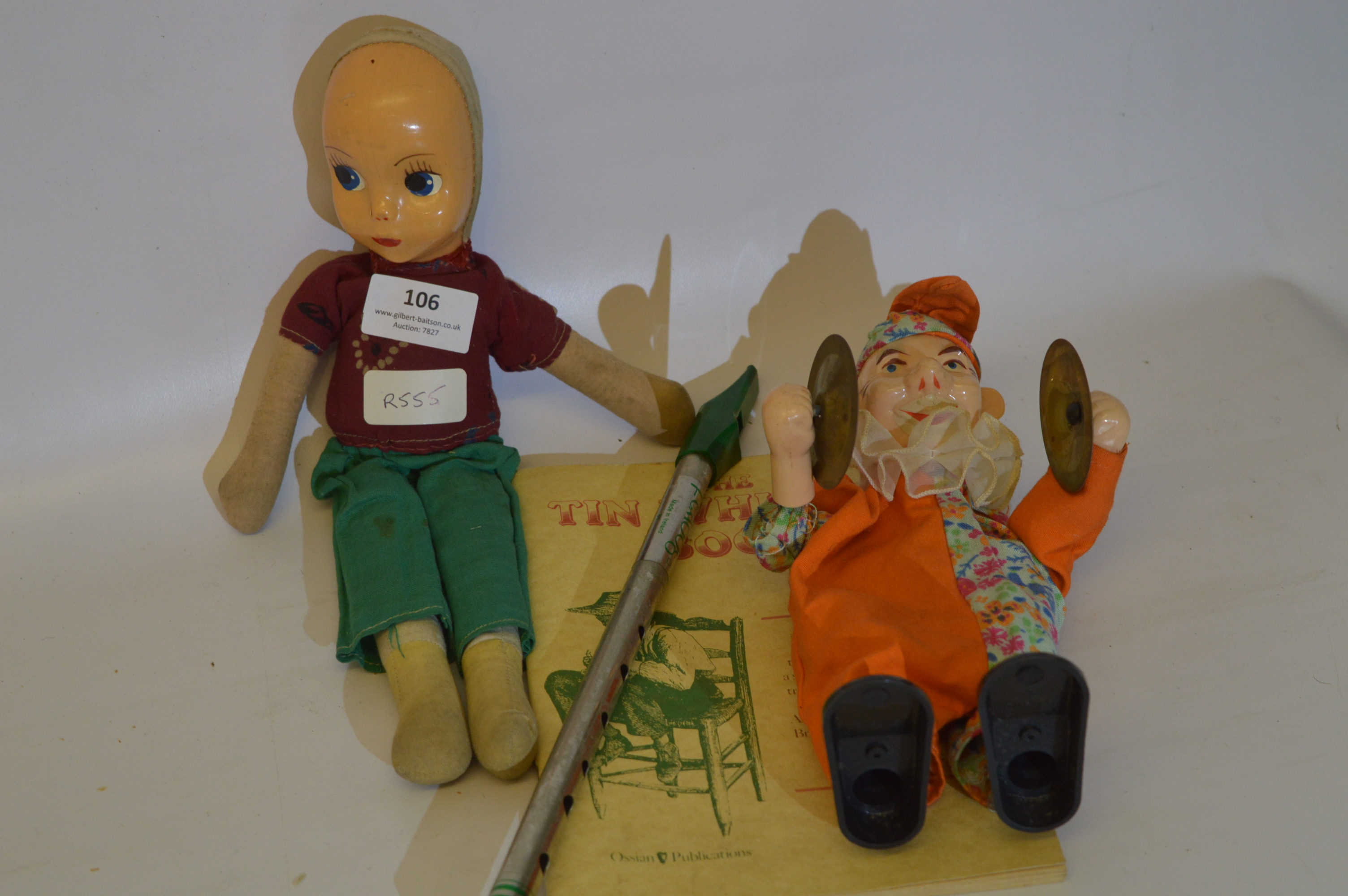 Battery Operated Musical Clown, Cloth Bodied Doll and a Tin Whistle