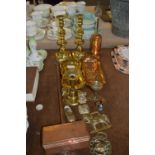 Brassware Including Candlesticks, Trays, Chestnut Roaster, etc.