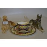 Floral Decorated Tea Trio, Sylvac Dog and a Russian Pottery Dog