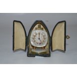 Cased Miniature Mother of Pearl and Brass Travel Clock