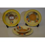 Two Clarice Cliff Bizarre Crocus Pattern Dishes and Staffordshire Crocus Pattern Dish and Saucer