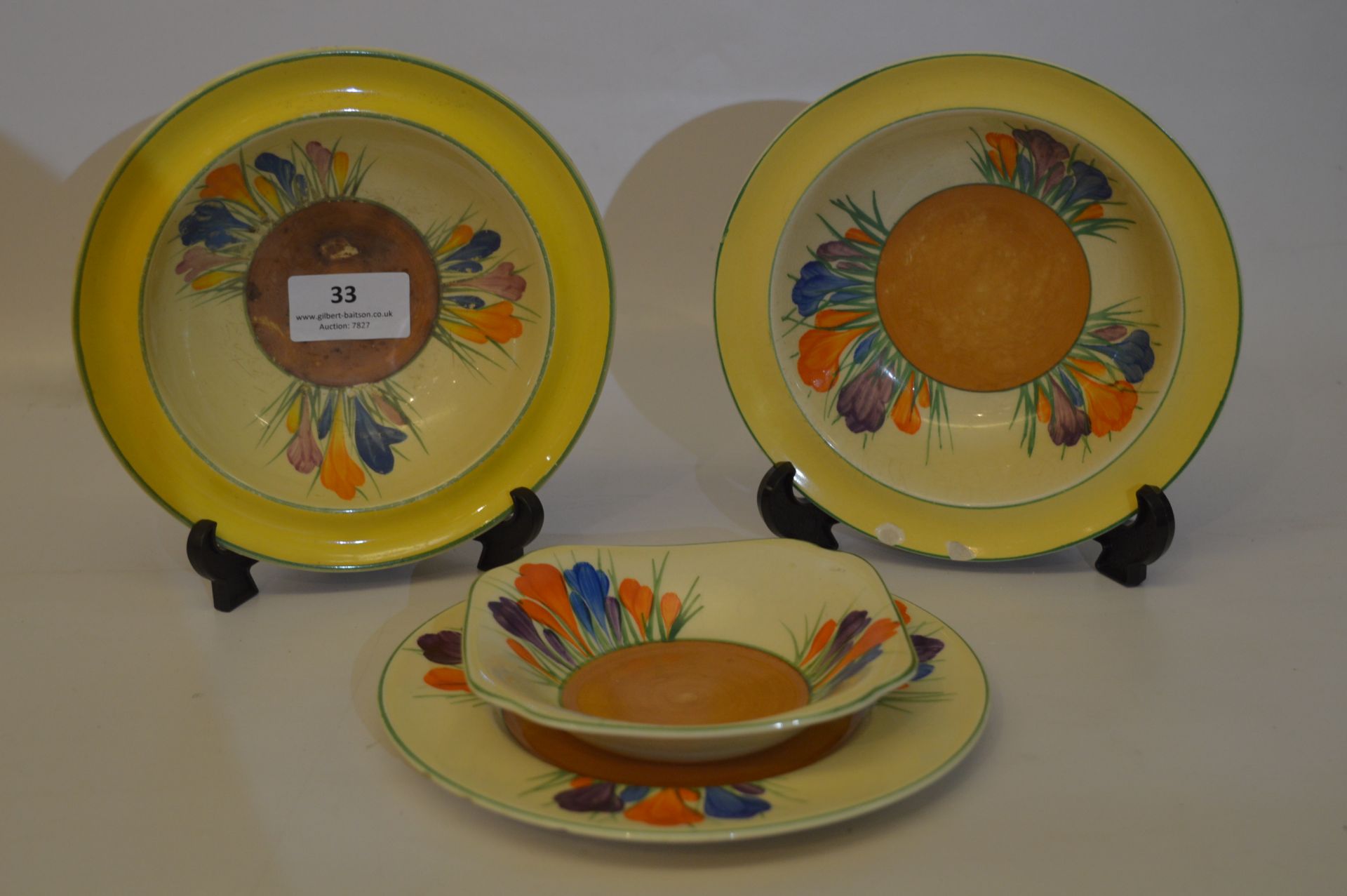 Two Clarice Cliff Bizarre Crocus Pattern Dishes and Staffordshire Crocus Pattern Dish and Saucer