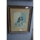 Oak Framed Watercolour "Spaniel" Signed K.M.P