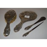 Victorian Embossed Silver Back Brush and Mirror, Shoe Horn and Button Hook with Cherub Design