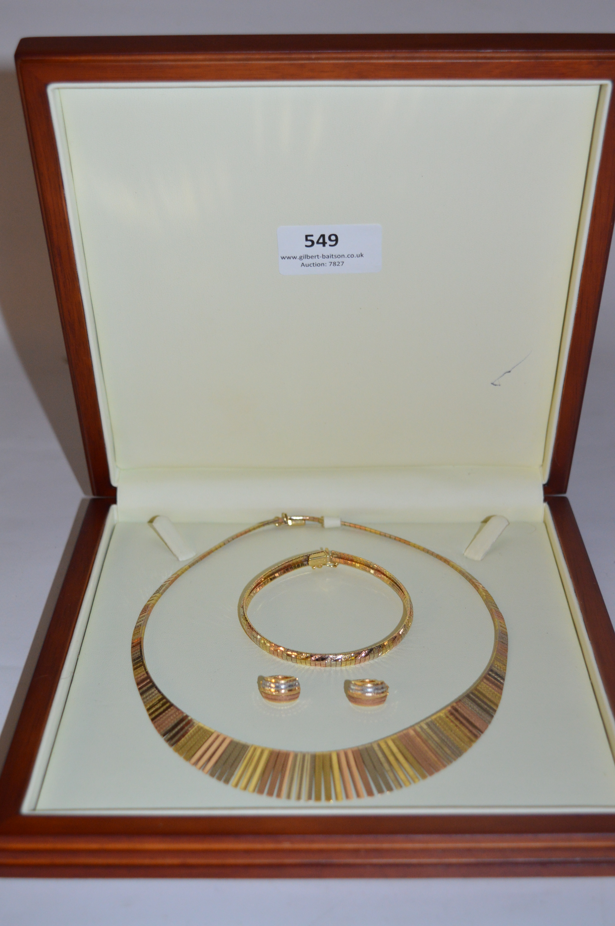 Cased 18cT Three Tone Gold Necklace, Bangle and Earrings Set - 53g