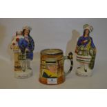 Character Mug and a Pair of Staffordshire Style Figurine "Highland Lad & Lass"