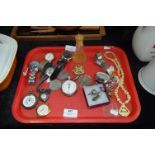 Tray Lot of Wristwatches, Commemorative Coins, Cufflinks, Ivorine Necklace, etc.
