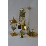 Brassware Including Fireside Companion, Table Lamp, Chamber Stick and a Toasting Fork