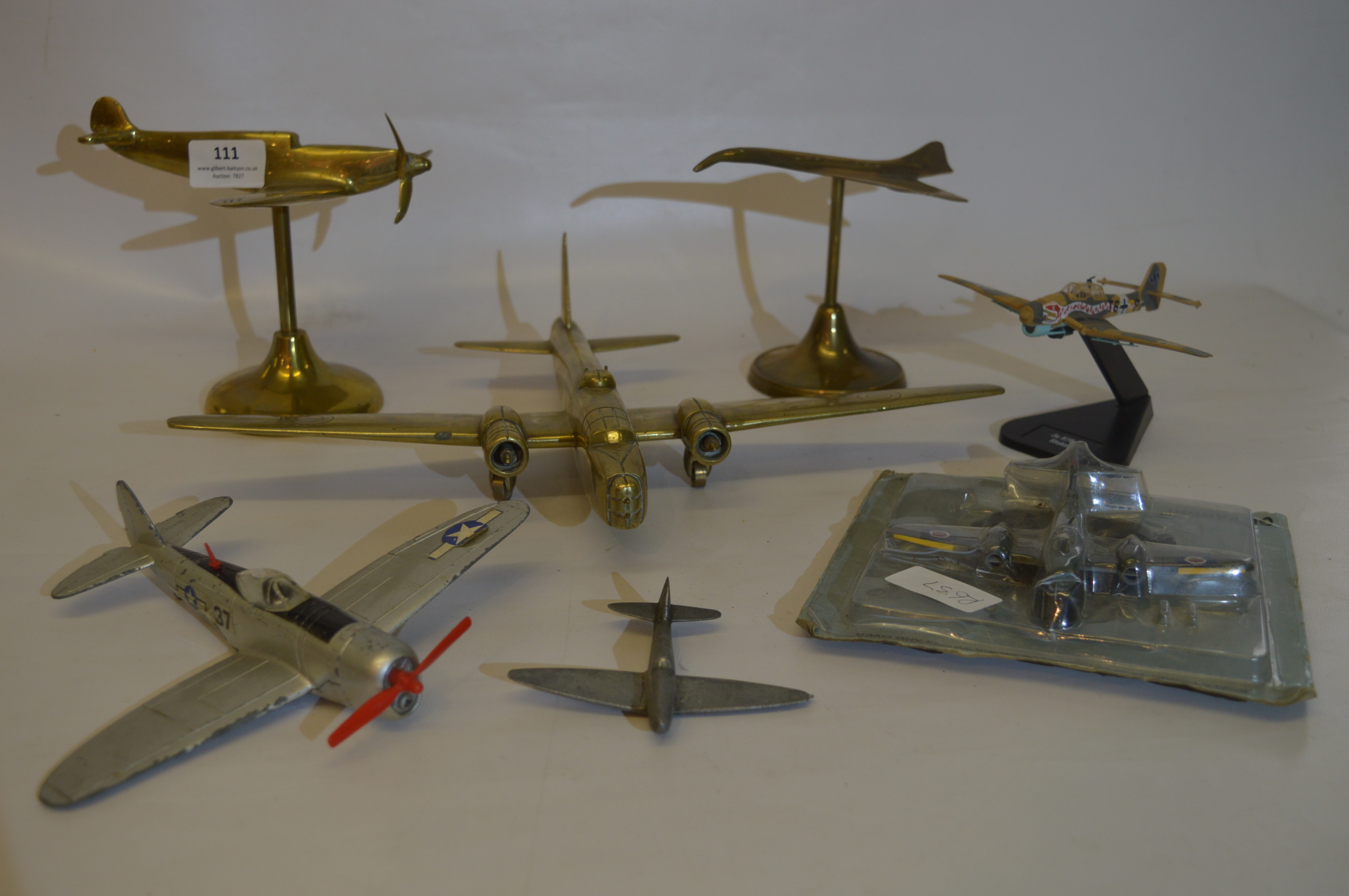 Brass and Diecast Aeroplanes; Spitfire, Hurricane, Lancaster Bomber and Concord