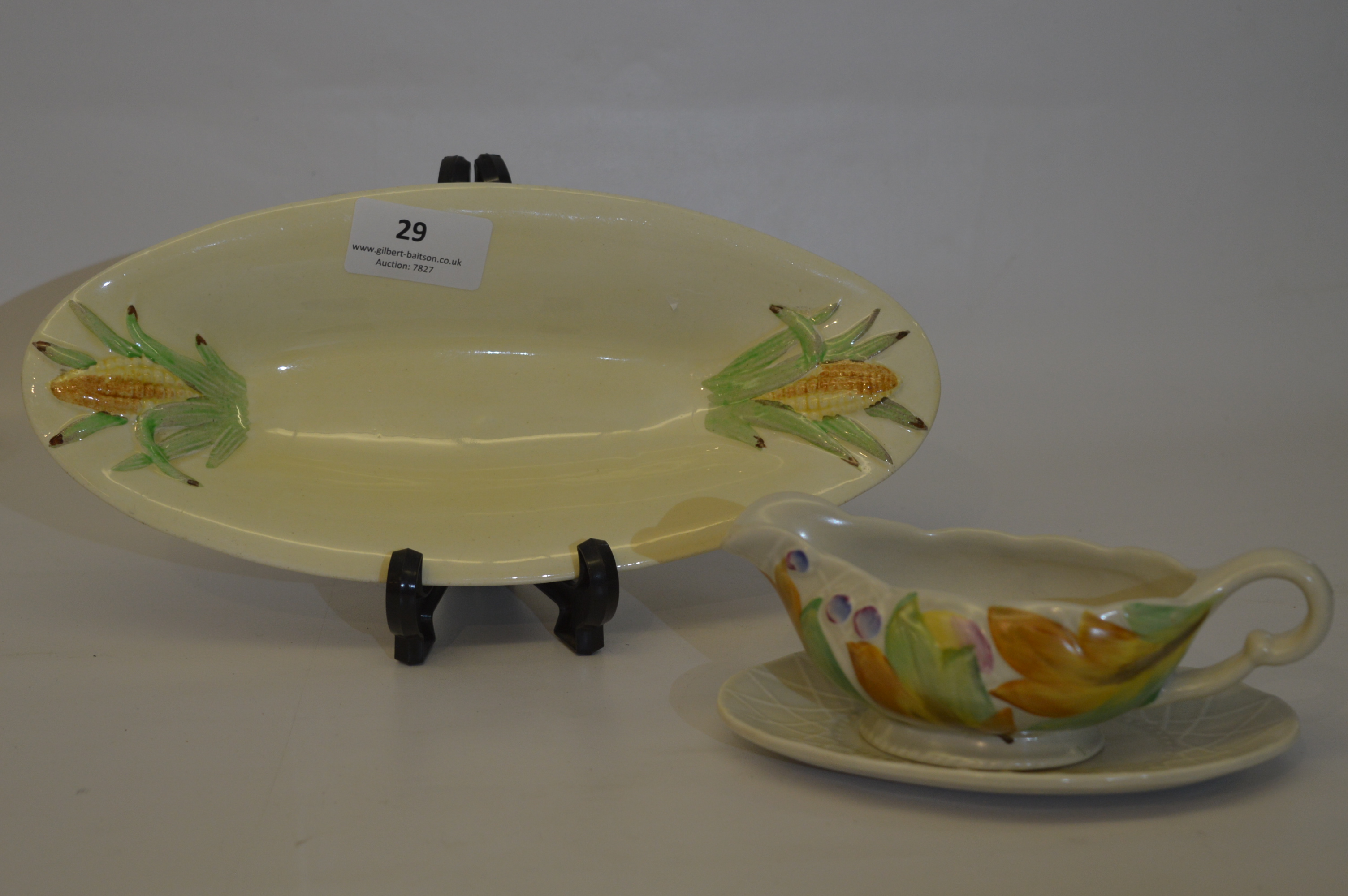 Clarice Cliff Newport Pottery Gravy Boat, Dish and a Clarice Cliff Dish with Sweetcorn Decoration