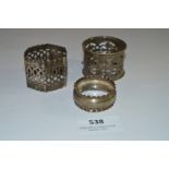 Three Silver Napkin Rings Approximately 37.9g